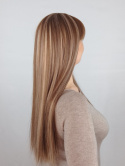 Peruka "Kaja" brąz z blond pasemkami, włosy długie proste z grzywką, lateksowy przedziałek, damska syntetyczna-termiczna