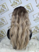 Peruka "Amelia" Lace Front, kolor blond beżowy ombre, fryzura długie falowane włosy, damska syntetyczna - termiczna