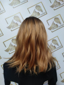 Peruka "Margaret" kolor karmelowy brąz ombre, fryzura włosy półdługie falowane z grzywką, damska syntetyczna - termiczna