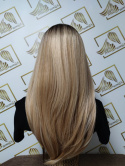 Peruka "Violetta" kolor blond ombre, włosy jedwabiste długie proste z grzywką, damska syntetyczna - termiczna